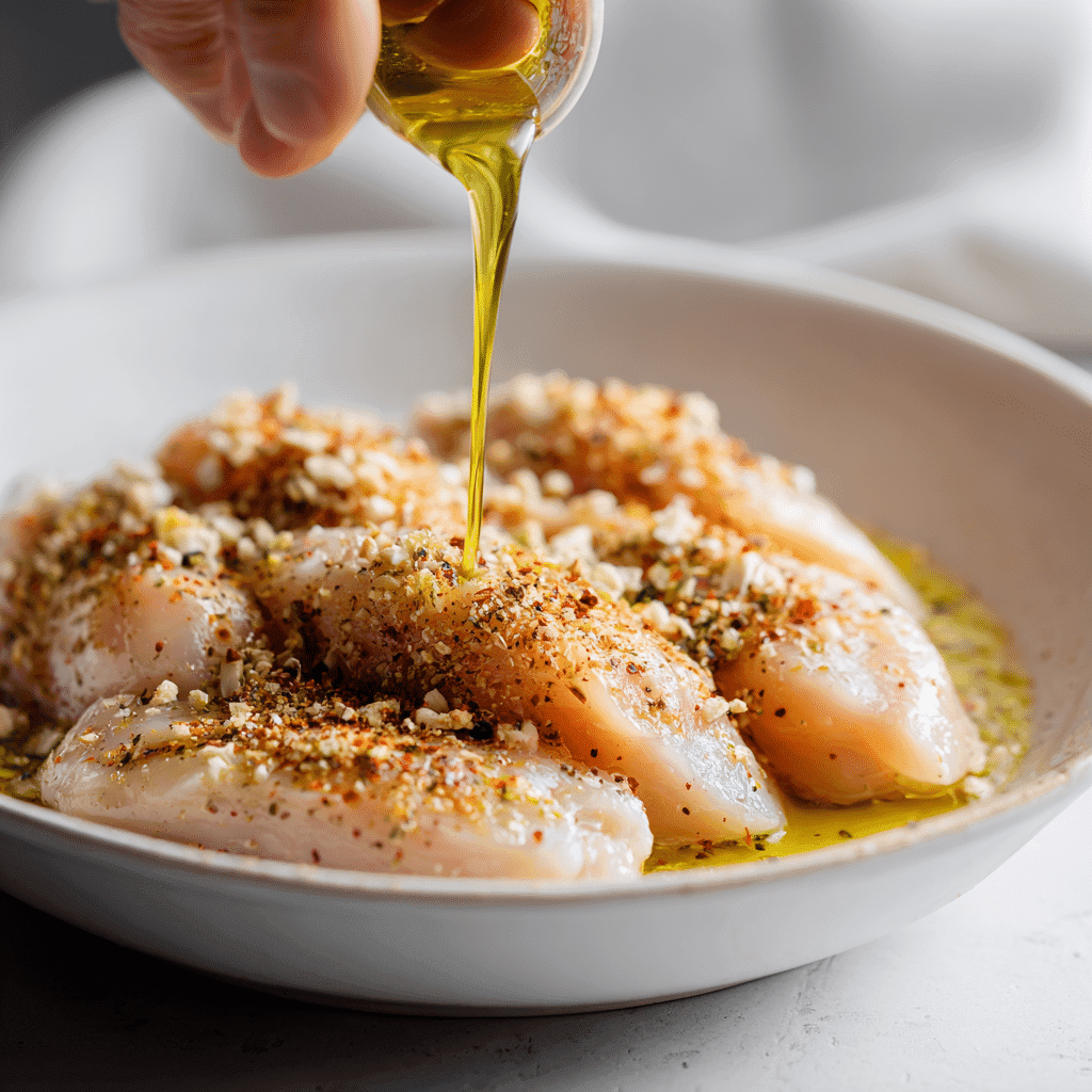 Chicken Tenders Air Fryer No Breading: Juicy & Healthy 3 Chicken tenderloins being coated with olive oil and seasoning in a white bowl