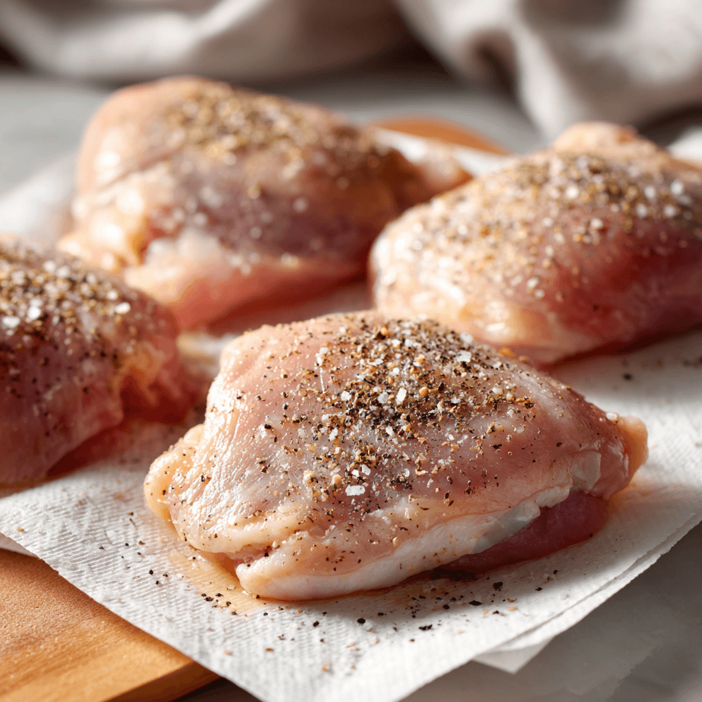 Honey Garlic Chicken Thighs Recipe | Juicy, Sticky, Flavorful 4 Raw chicken thighs being seasoned with salt and pepper on a white cutting board