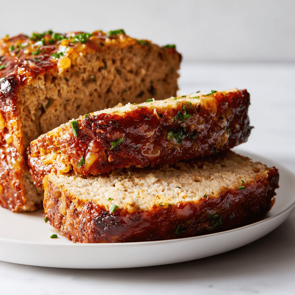 Lipton Onion Soup Turkey Meatloaf Recipe (Healthy Comfort Twist) 3 Close-up of sliced Lipton onion soup turkey meatloaf on white plate