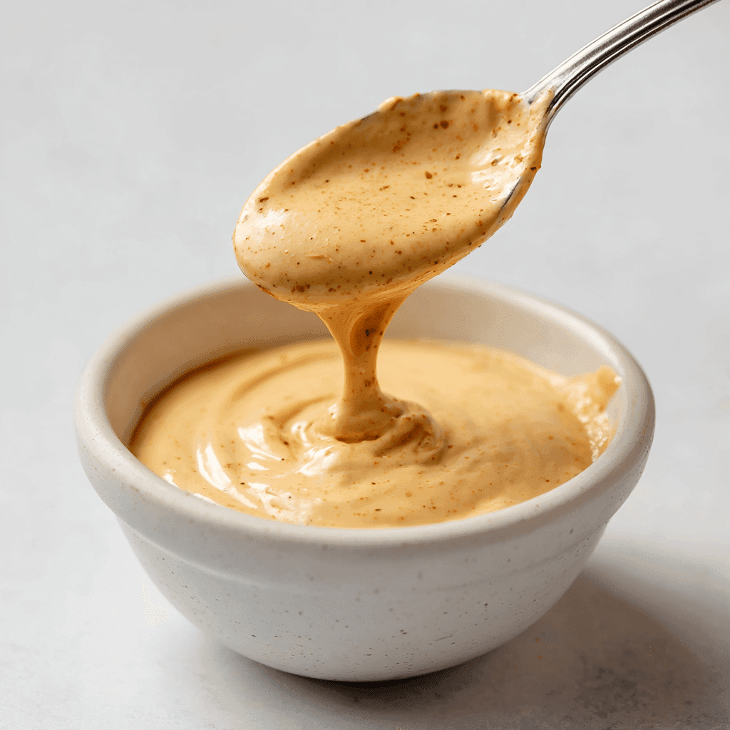 Taco Bell Quesadilla Sauce: Easy Homemade Copycat Recipe 5 Spoon lifting creamy Taco Bell quesadilla sauce from a bowl on a white background
