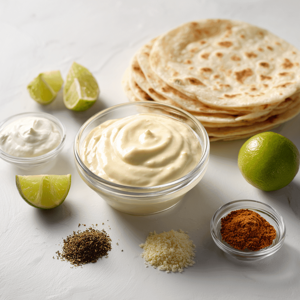 Taco Bell Quesadilla Sauce: Easy Homemade Copycat Recipe 4 Taco Bell quesadilla sauce in a bowl with vegan and keto-friendly ingredient swaps around it