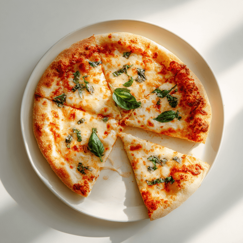 Sliced thin crust pizza with golden crust and fresh toppings on a white plate