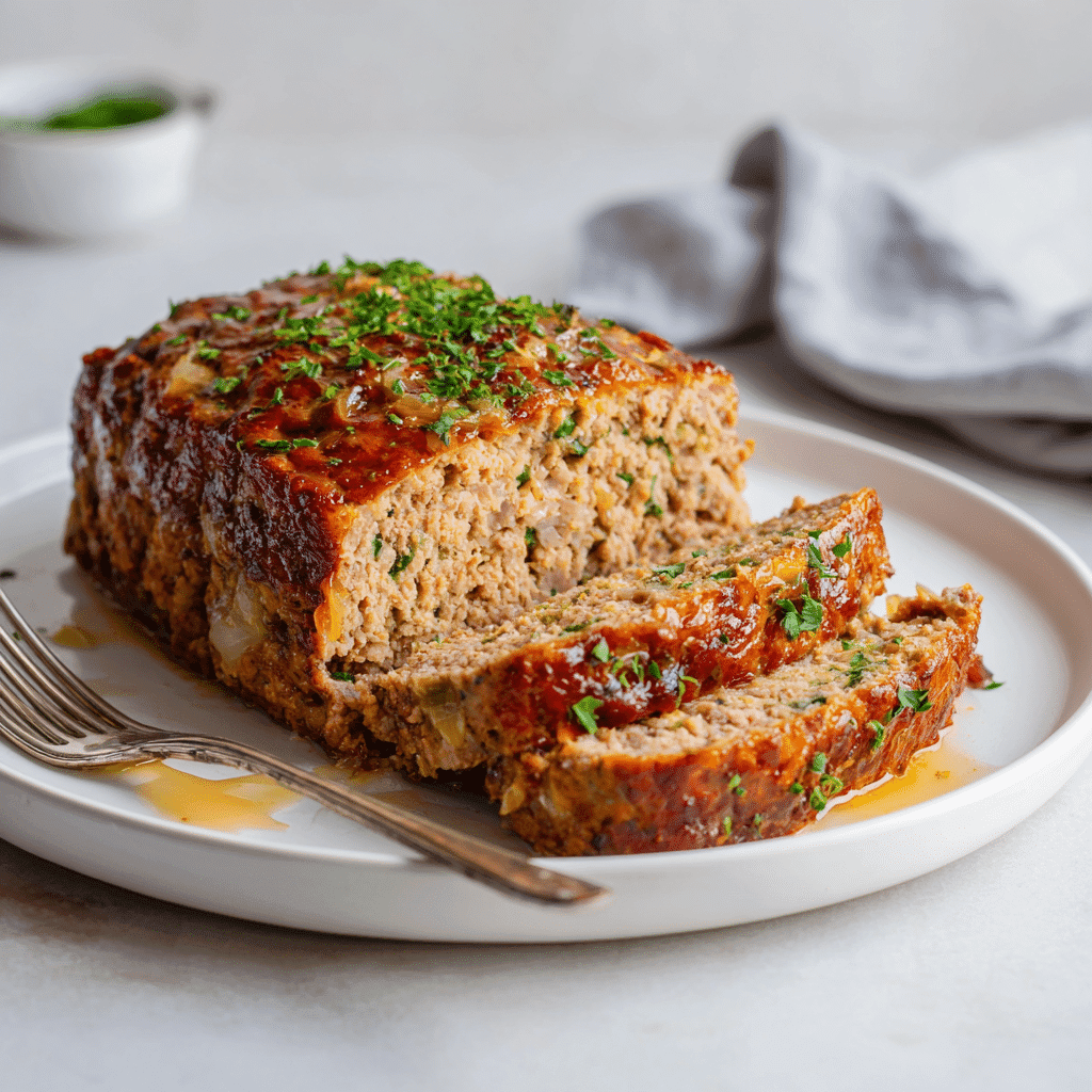 Lipton Onion Soup Turkey Meatloaf Recipe (Healthy Comfort Twist) 5 Comforting slice of Lipton onion soup turkey meatloaf on white plate
