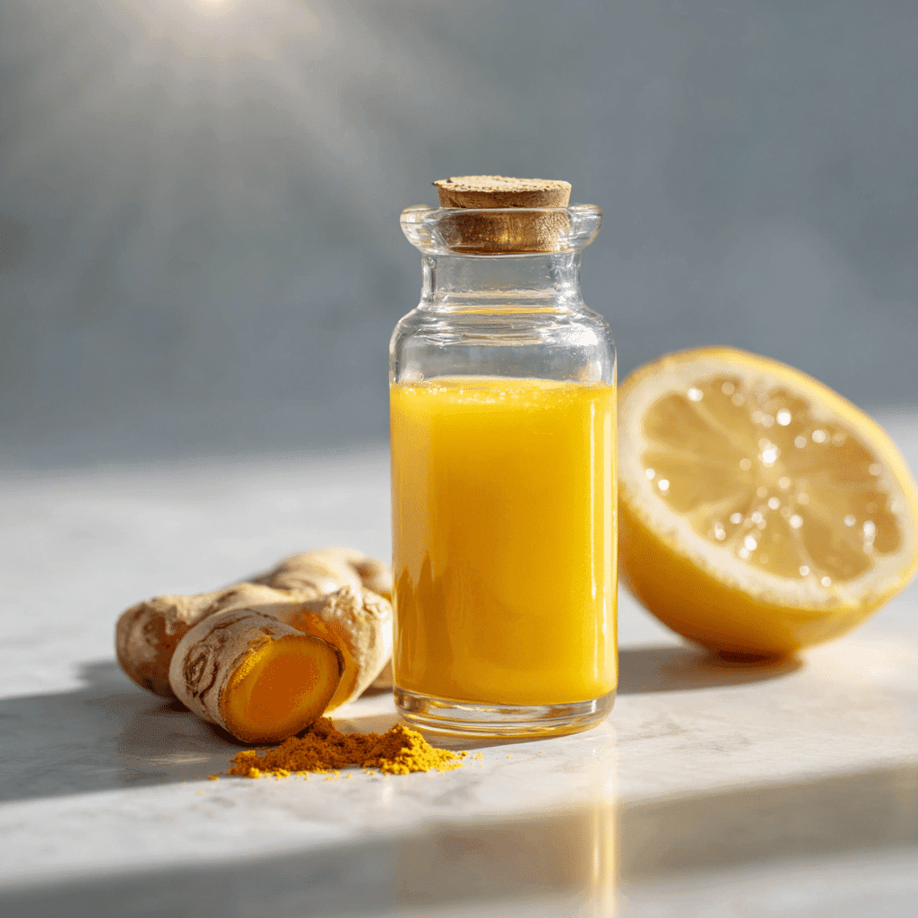 Lemon ginger turmeric shot - A healthy shot you should try ! 5 Lemon ginger turmeric shot in a clear bottle on a clean white background