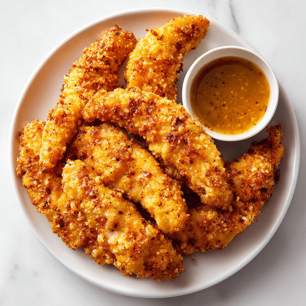 Crispy Tyson chicken tenders cooked in the air fryer on a white plate.