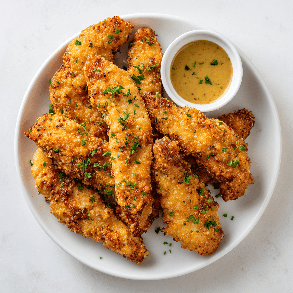 Final plated crispy Tyson chicken tenders with dipping sauce on white plate.