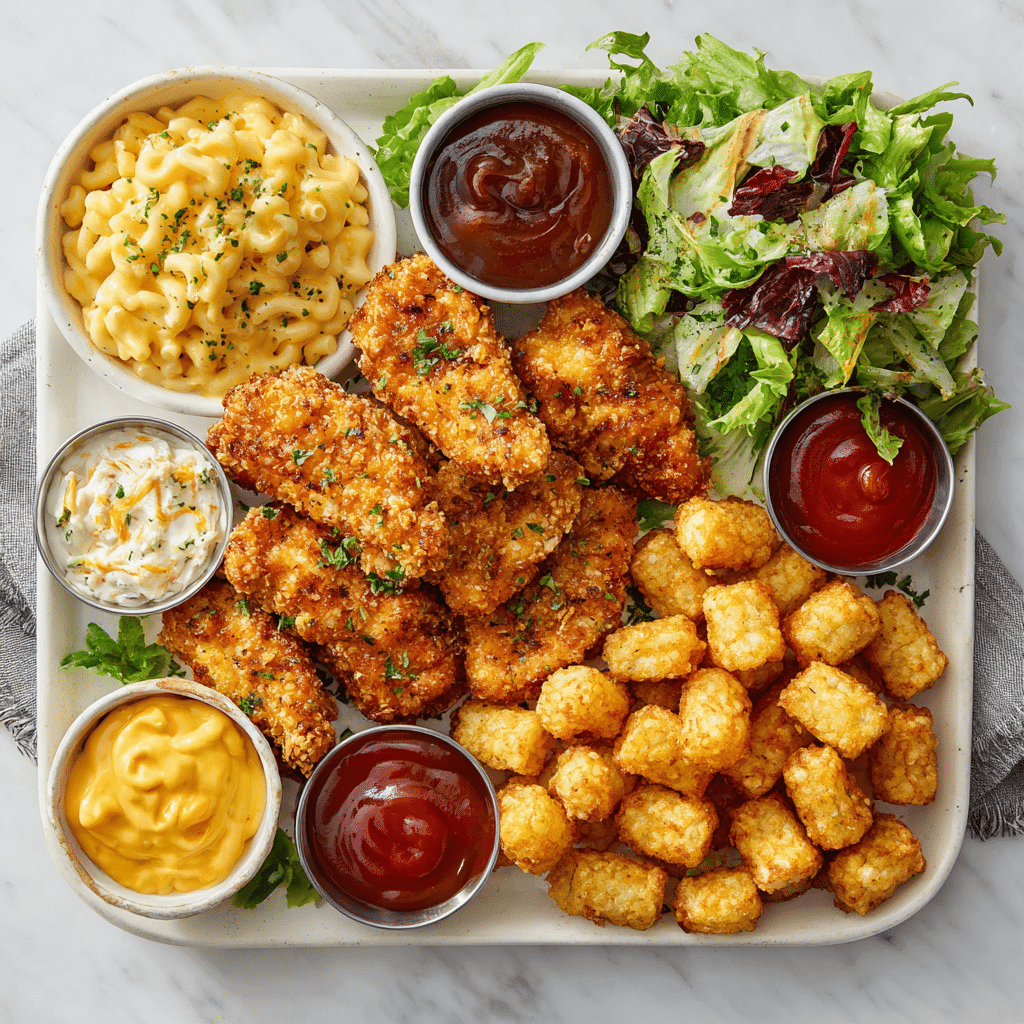 Tyson chicken tenders with dipping sauces and sides on a white serving platter.