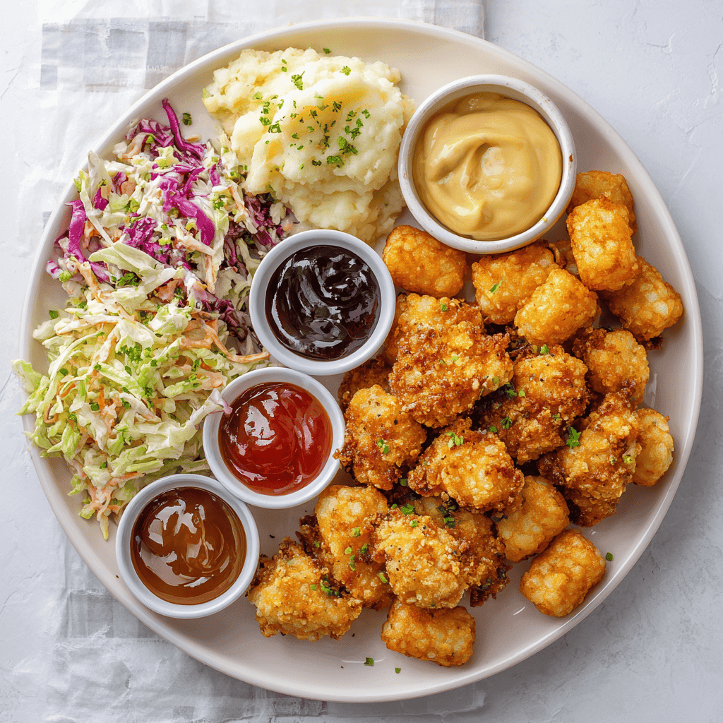 Air Fryer Popcorn Chicken (Crispy, Juicy & Easy Recipe) 4 Air fryer popcorn chicken with sides like mashed potatoes and coleslaw
