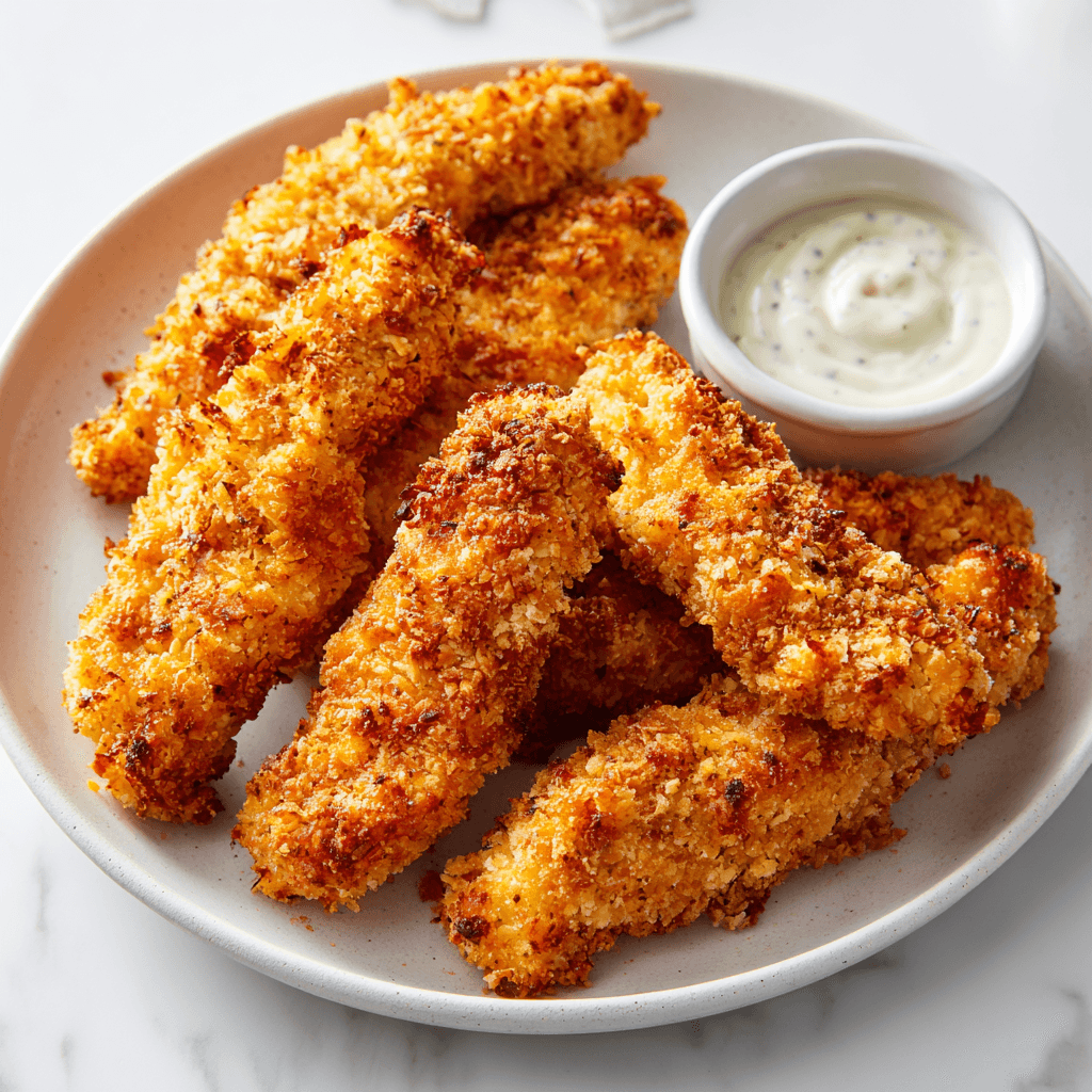 Crispy Tyson chicken tenders on a white plate after air frying.