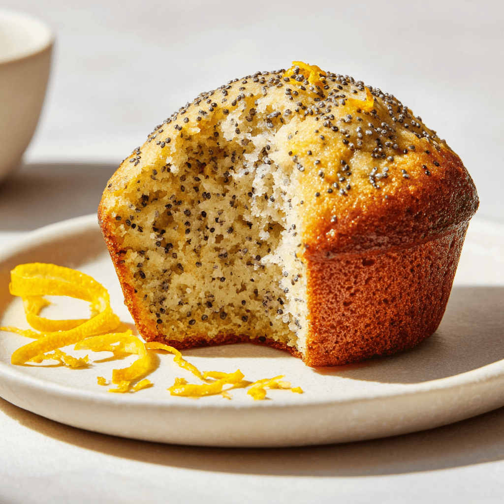Moist lemon poppy seed muffin sliced open to reveal tender crumb and poppy seeds