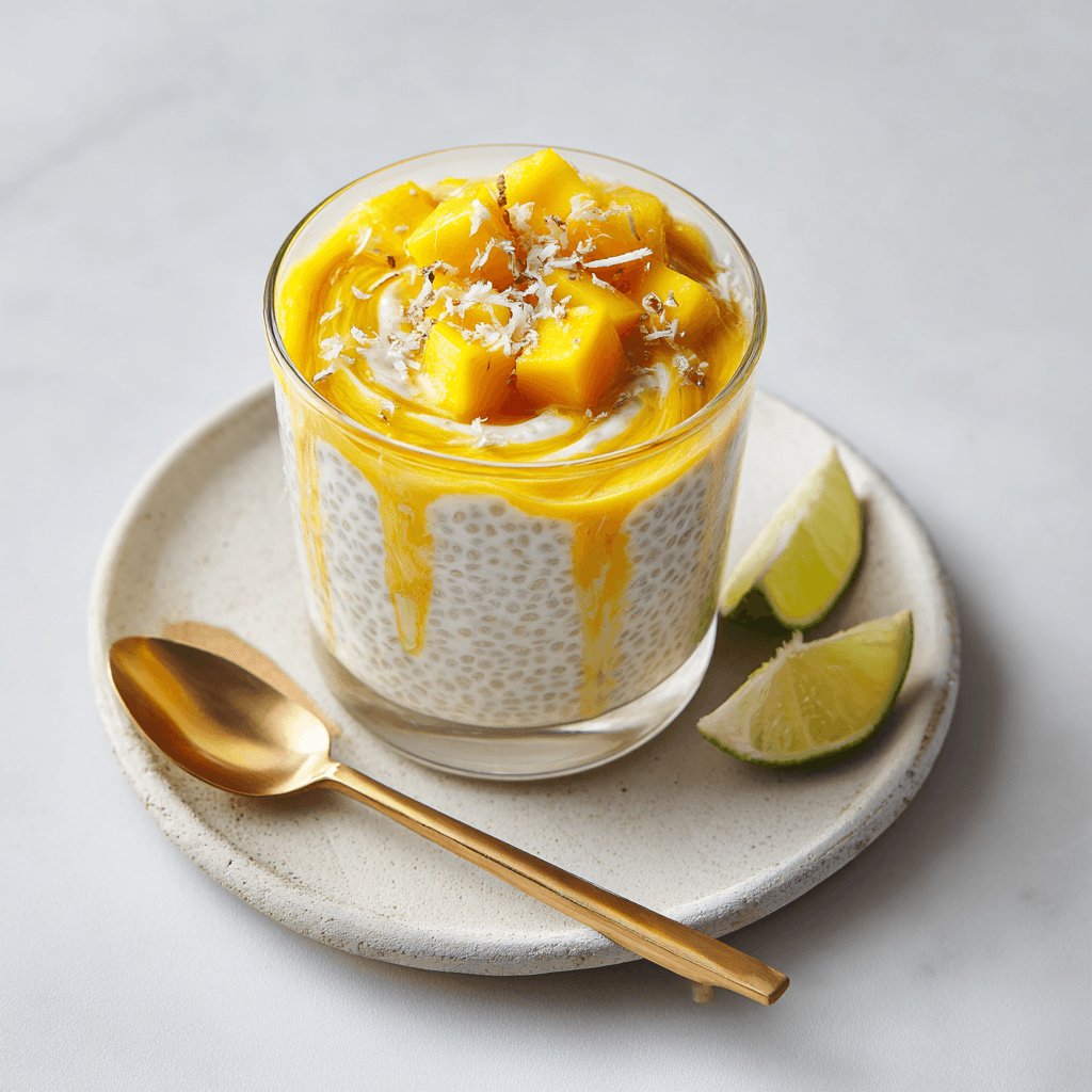 Mango Chia Pudding – Creamy, Healthy, and Easy to Make 1 Creamy mango chia pudding with mango puree and coconut flakes on a white plate