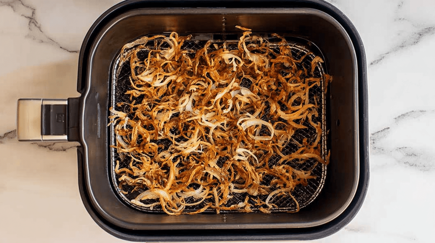 air fried onions in a air fryer basket