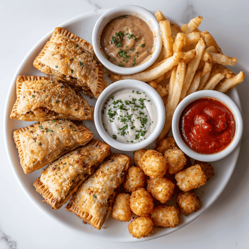 Air Fryer Hot Pockets – 7-Minute Crispy Snack Guide 3 Air fryer hot pockets with dips and crispy side pairings on a white plate
