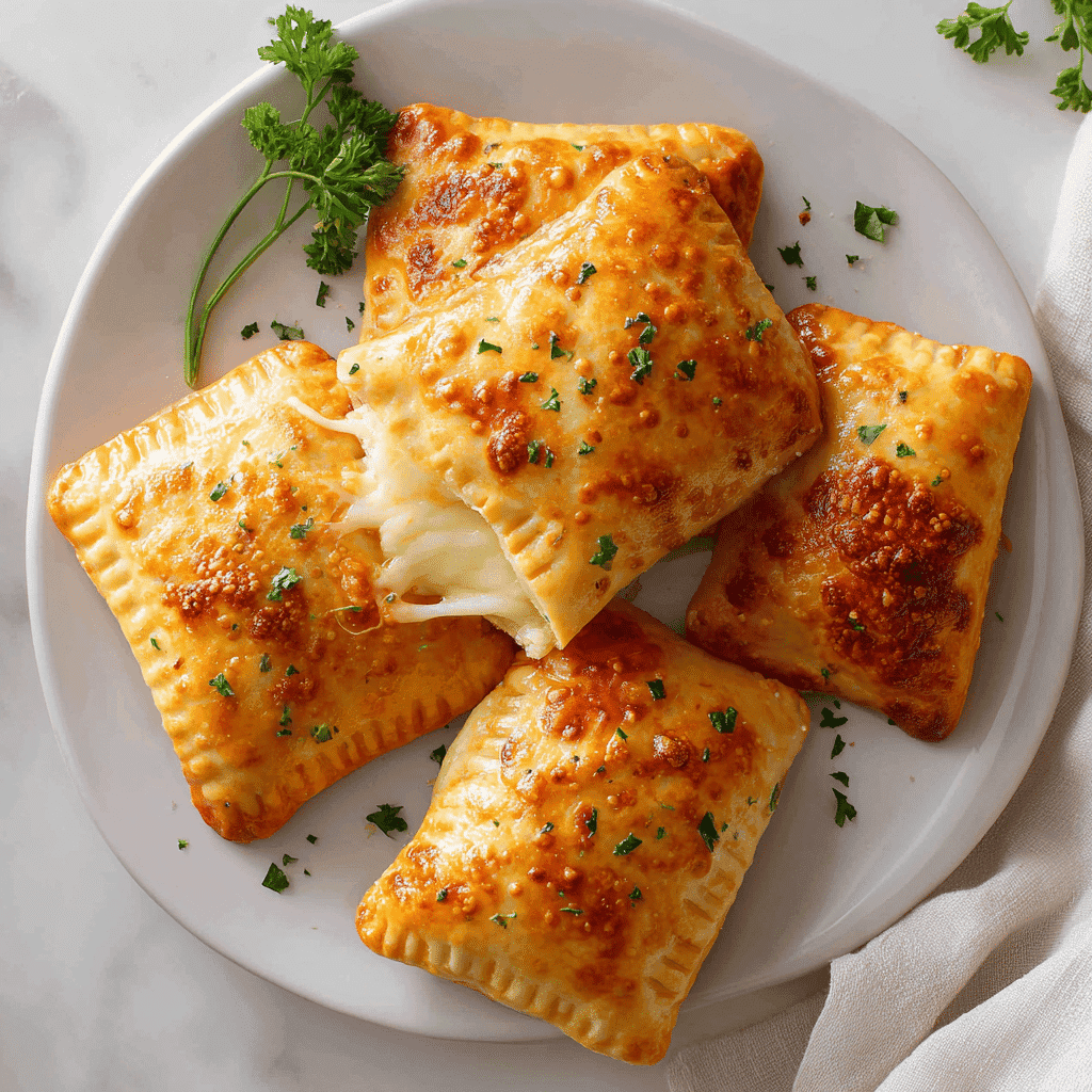 Air Fryer Hot Pockets – 7-Minute Crispy Snack Guide 4 Assorted crispy air fryer hot pockets on a white plate with melted cheese