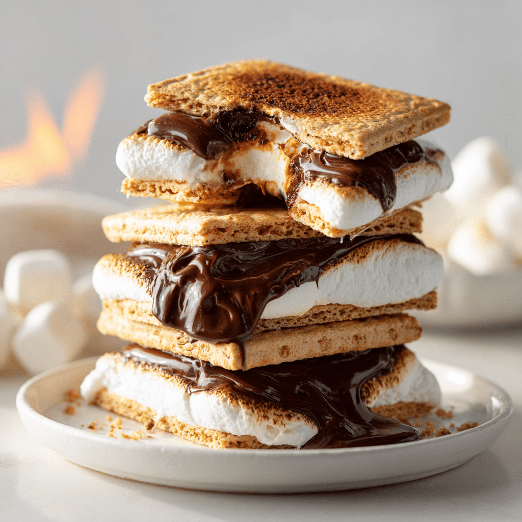 Stack of gooey air fryer s’mores with a bite taken out