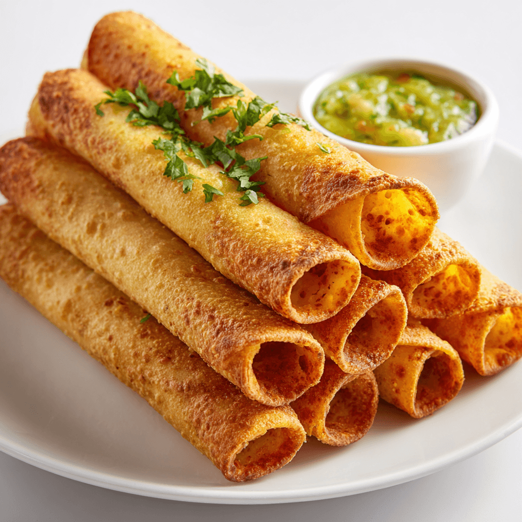 Golden and crispy air fryer taquitos stacked on a white plate