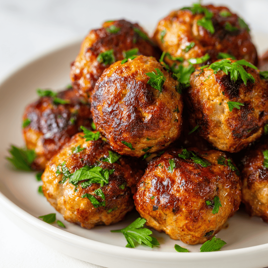 Crispy and juicy air fryer turkey meatballs on a white plate