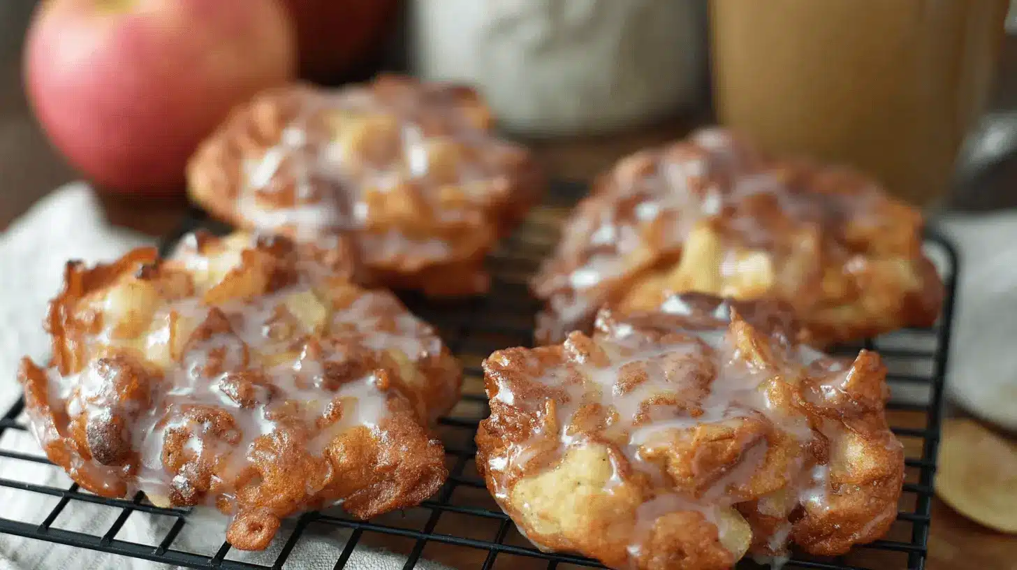 Four golden-brown, glazed Air Fryer Apple Fritters with visible apple chunks cooling on a black wire rack.