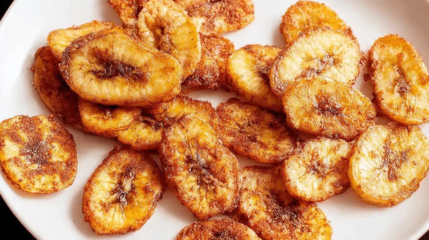 Close-up of golden, cinnamon-sugar coated Air Fryer Banana Chips artfully arranged on a white plate.