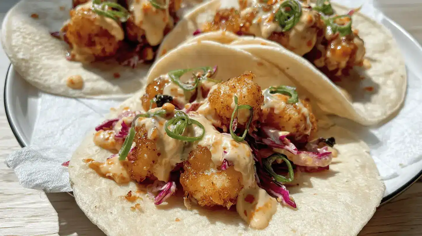 Close-up of golden, crispy Air Fryer Bang Bang Shrimp Tacos with creamy bang bang sauce and vibrant slaw on a white plate.