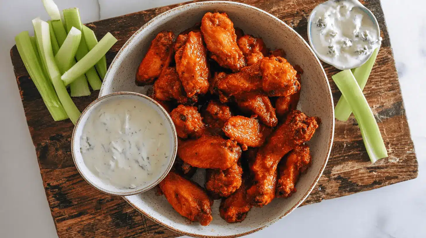 Appetizing overhead view of crispy Air Fryer Buffalo Wings served on a rustic wooden board with blue cheese and celery.
