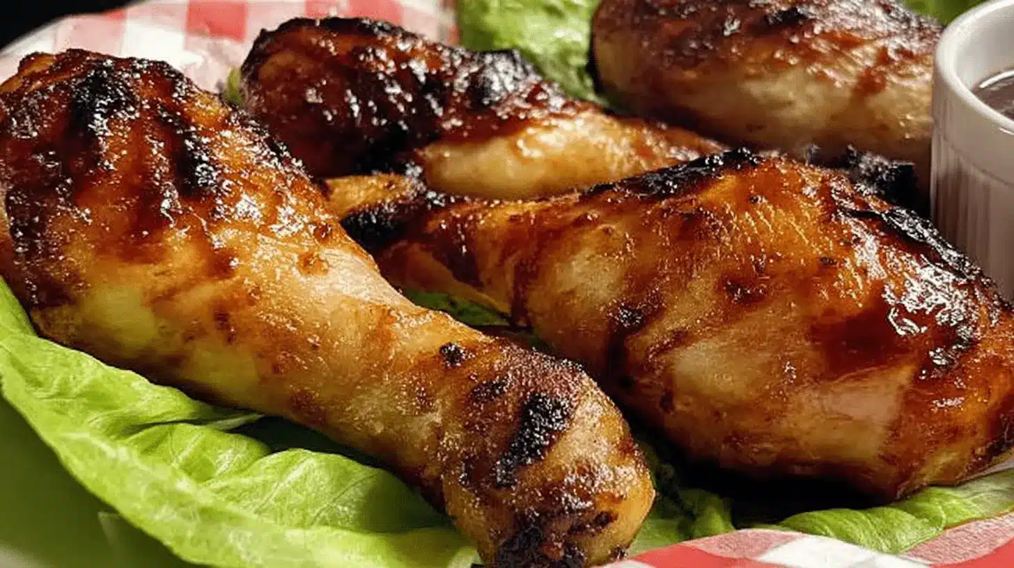 Appetizing, glossy golden-brown air fryer chicken legs served on fresh green lettuce.