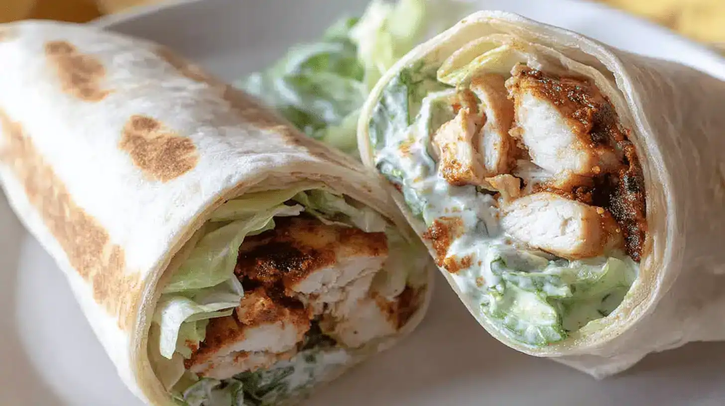 Close-up of two delicious Air Fryer Chicken Wraps on a white plate, filled with seasoned chicken, fresh lettuce, and creamy sauce.