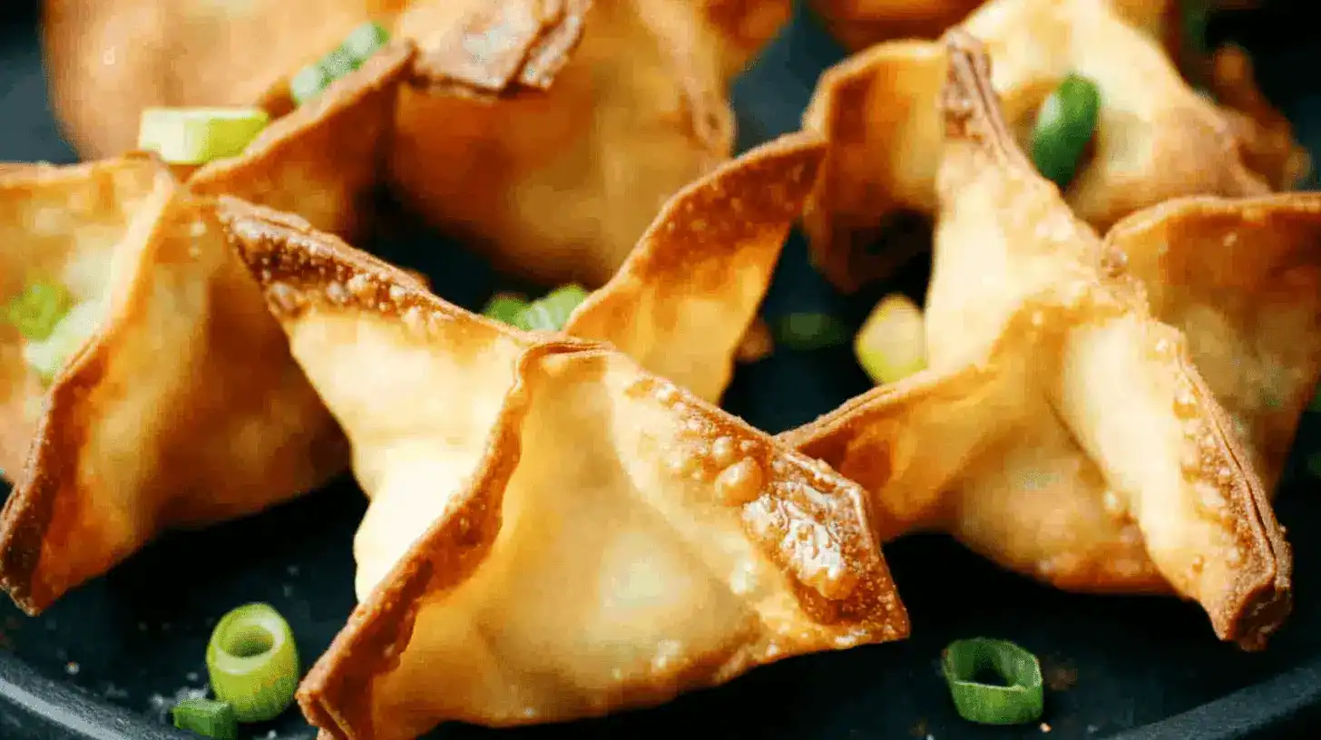 Golden-brown Air fryer Cream Cheese Wontons garnished with fresh green onions.