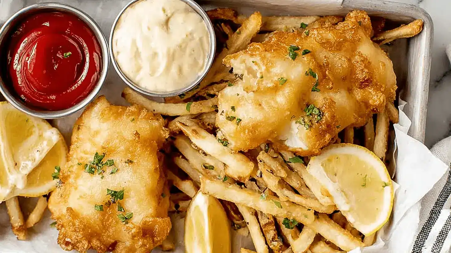 Golden, crispy Air Fryer Fish & Chips with flaky fish and seasoned fries, garnished with herbs and lemon.