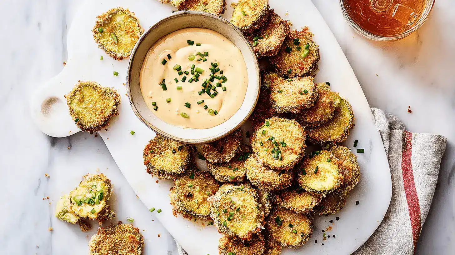 Crispy Air Fryer Fried Pickles: The Easy Homemade Recipe 3 Golden and crispy air fryer fried pickles served with a creamy dipping sauce on a white marble board.