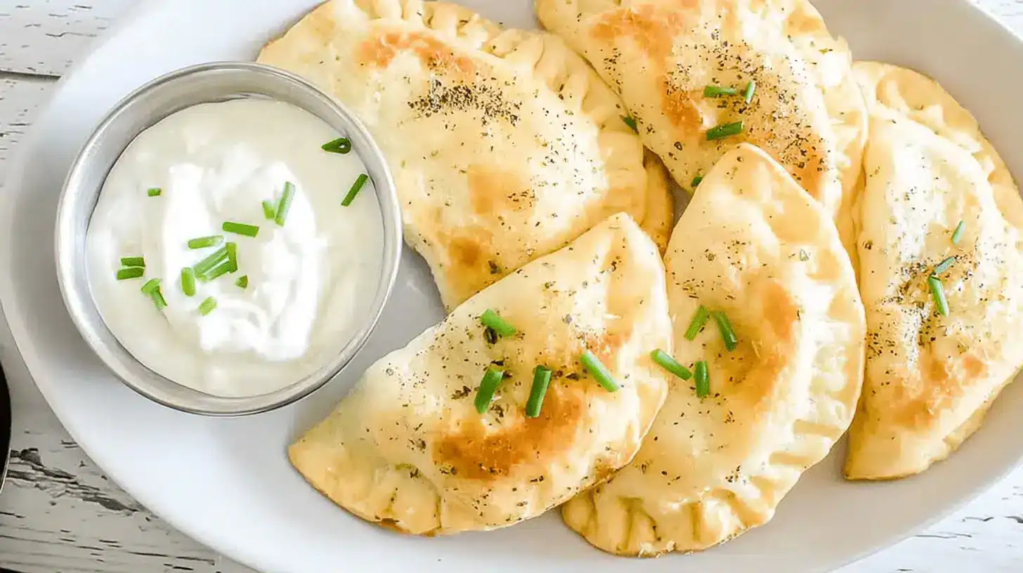 Golden-brown Air Fryer Frozen Pierogies garnished with chives and served with a creamy dip on a rustic white table.