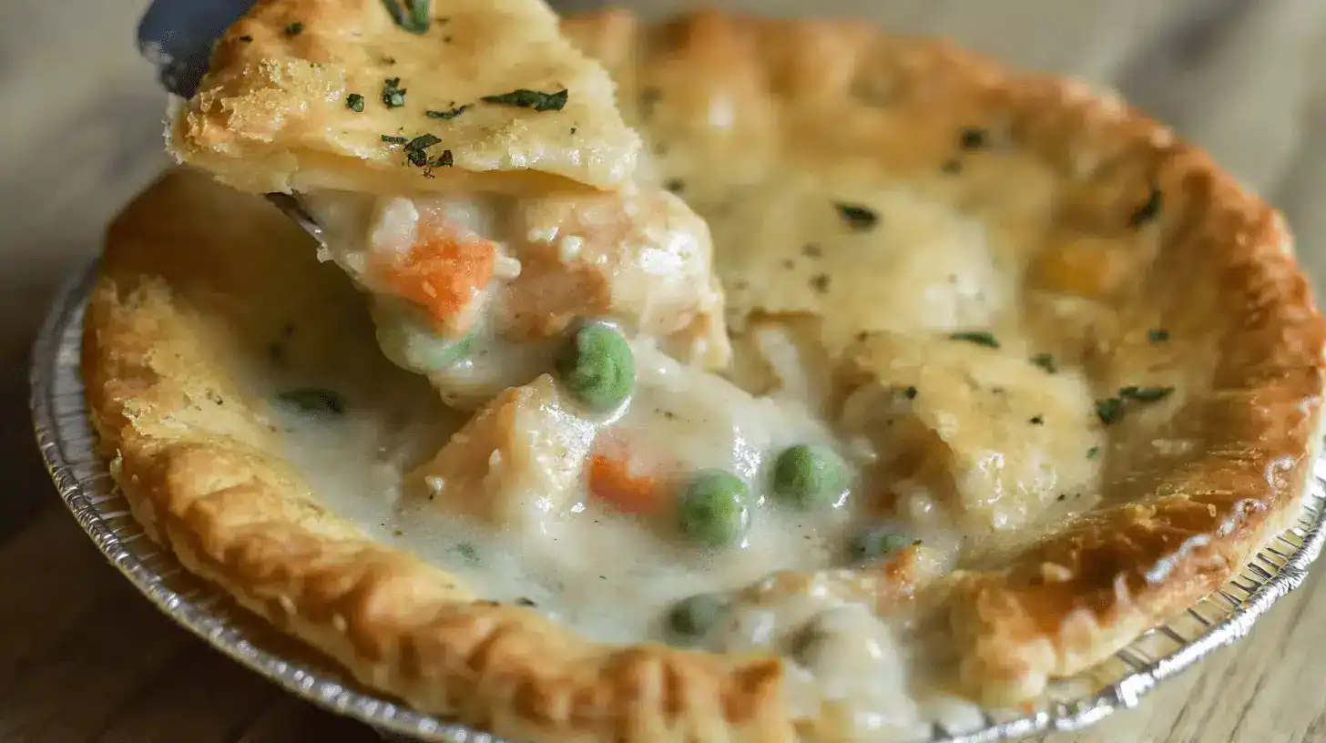 Close-up of a freshly baked, golden-crusted individual air fryer frozen pot pie with a creamy chicken and vegetable filling revealed.