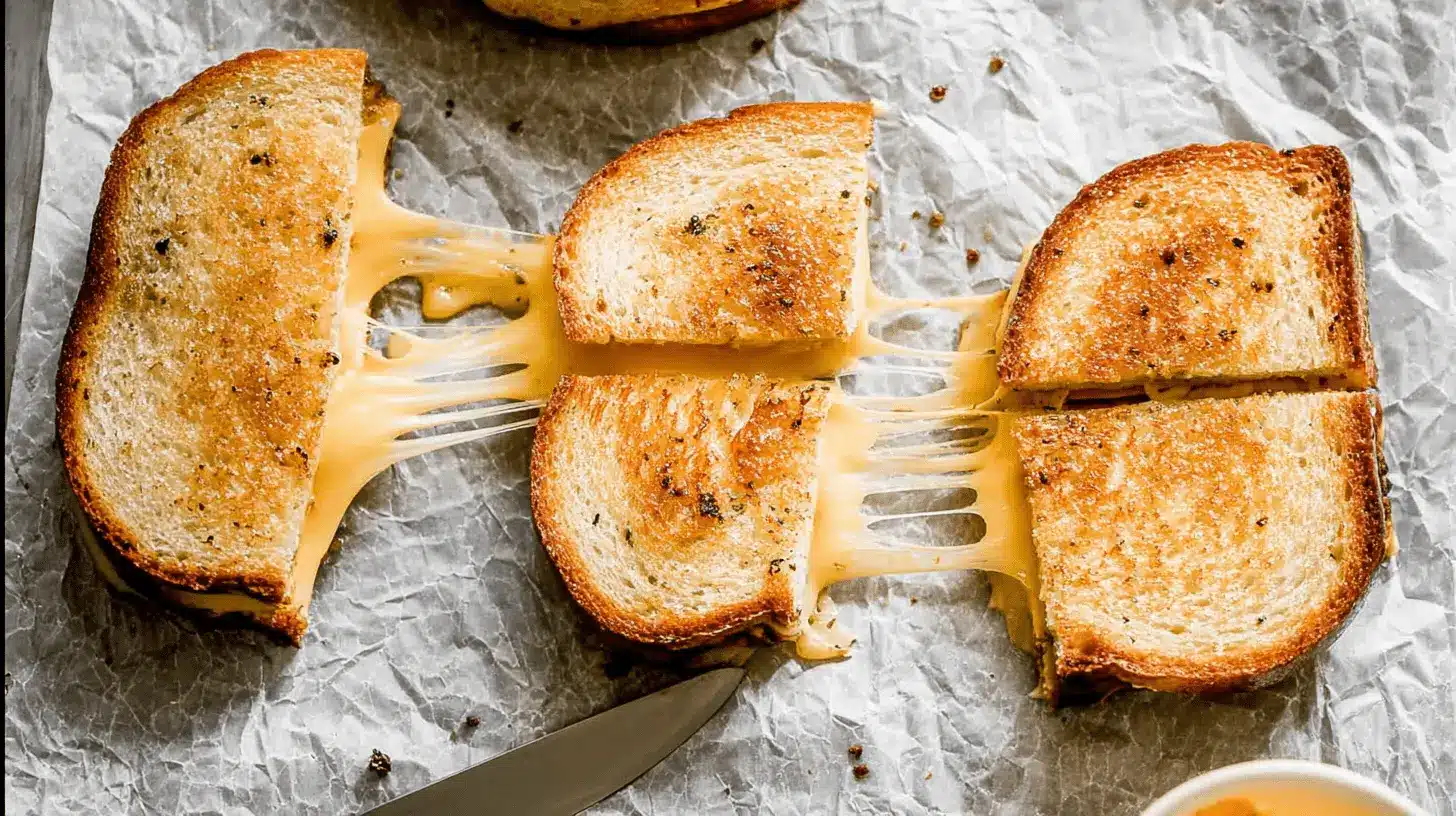 Close-up of perfectly golden air fryer grilled cheese sandwiches with an impressive cheese pull on parchment paper.