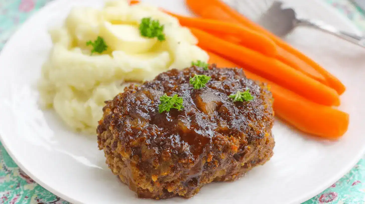 A delicious Air Fryer Loaded Mini Meatloaf, glazed and topped with parsley, served with creamy mashed potatoes and vibrant carrots on a white plate.