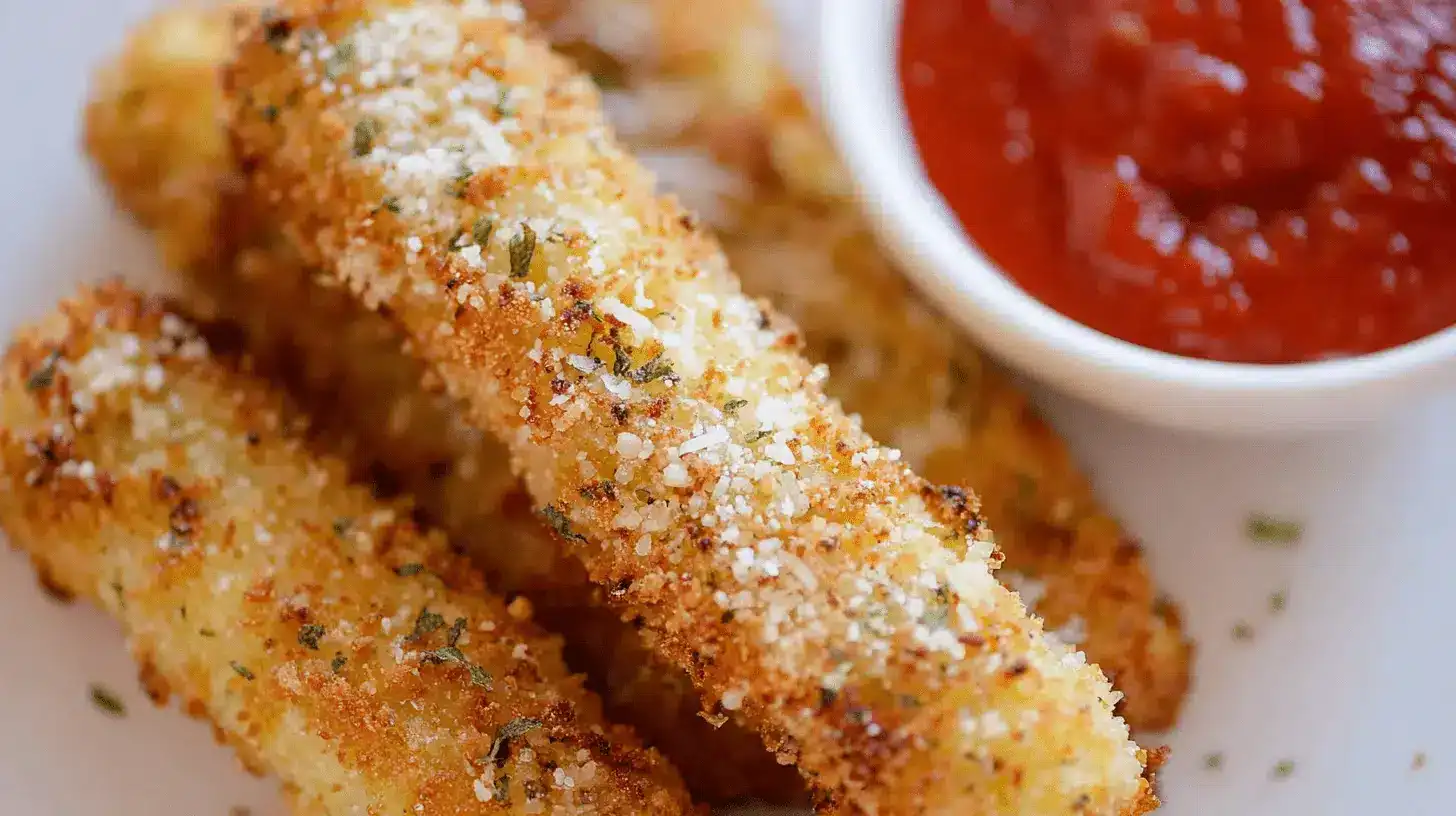Air Fryer Mozzarella Sticks Recipe 3 Crispy, golden-brown Air Fryer Mozzarella Sticks Recipe, garnished with Parmesan and herbs, served with marinara sauce.