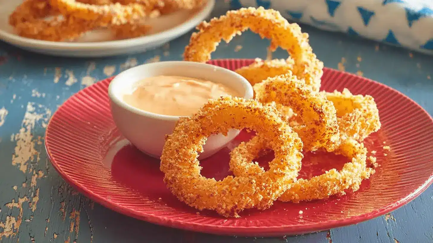Crispy Air Fryer Onion Rings Recipe 3 Crispy, golden air fryer onion rings served with a creamy dip, perfect for an air fryer onion rings recipe.