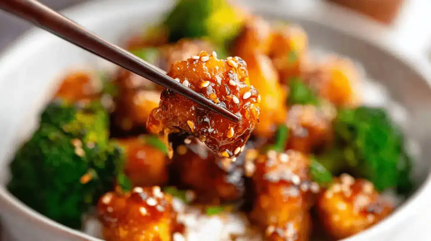 Close-up of crispy air fryer orange chicken recipe lifted by chopsticks, garnished with sesame seeds and served over rice with broccoli.