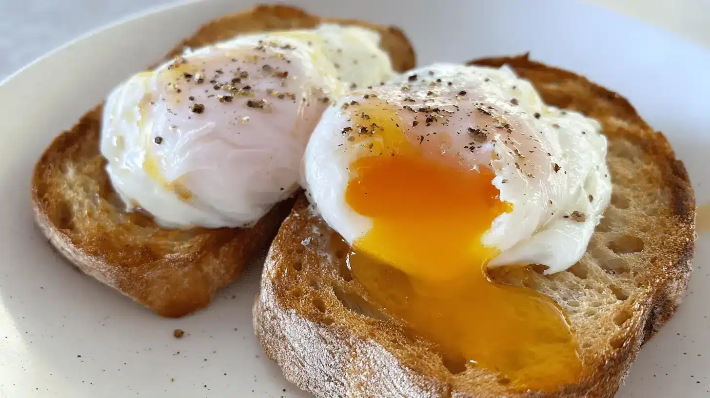 Appetizing air fryer poached eggs, perfectly runny and seasoned, served on rustic toast.