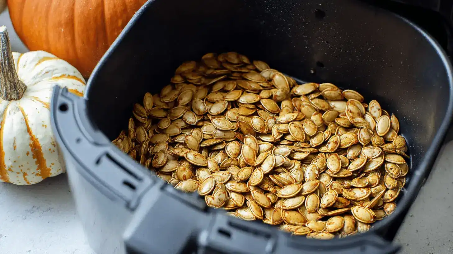 Roasted pumpkin seeds in a black air fryer basket, with seasonal pumpkins, illustrating an air fryer pumpkin seeds recipe.