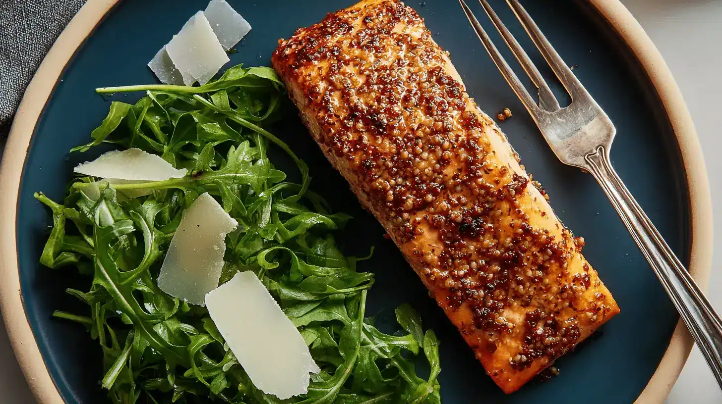 The Best Air Fryer Salmon Recipe - Best Method in 2025 ! 3 Appetizing Air Fryer Salmon Recipe with a whole-grain mustard glaze and fresh arugula salad on a rustic blue plate.