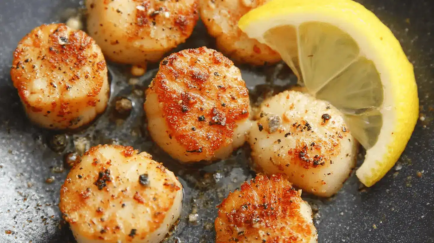 Close-up of perfectly seared, golden-brown scallops with a lemon wedge, serving as delicious inspiration for an air fryer scallops recipe.