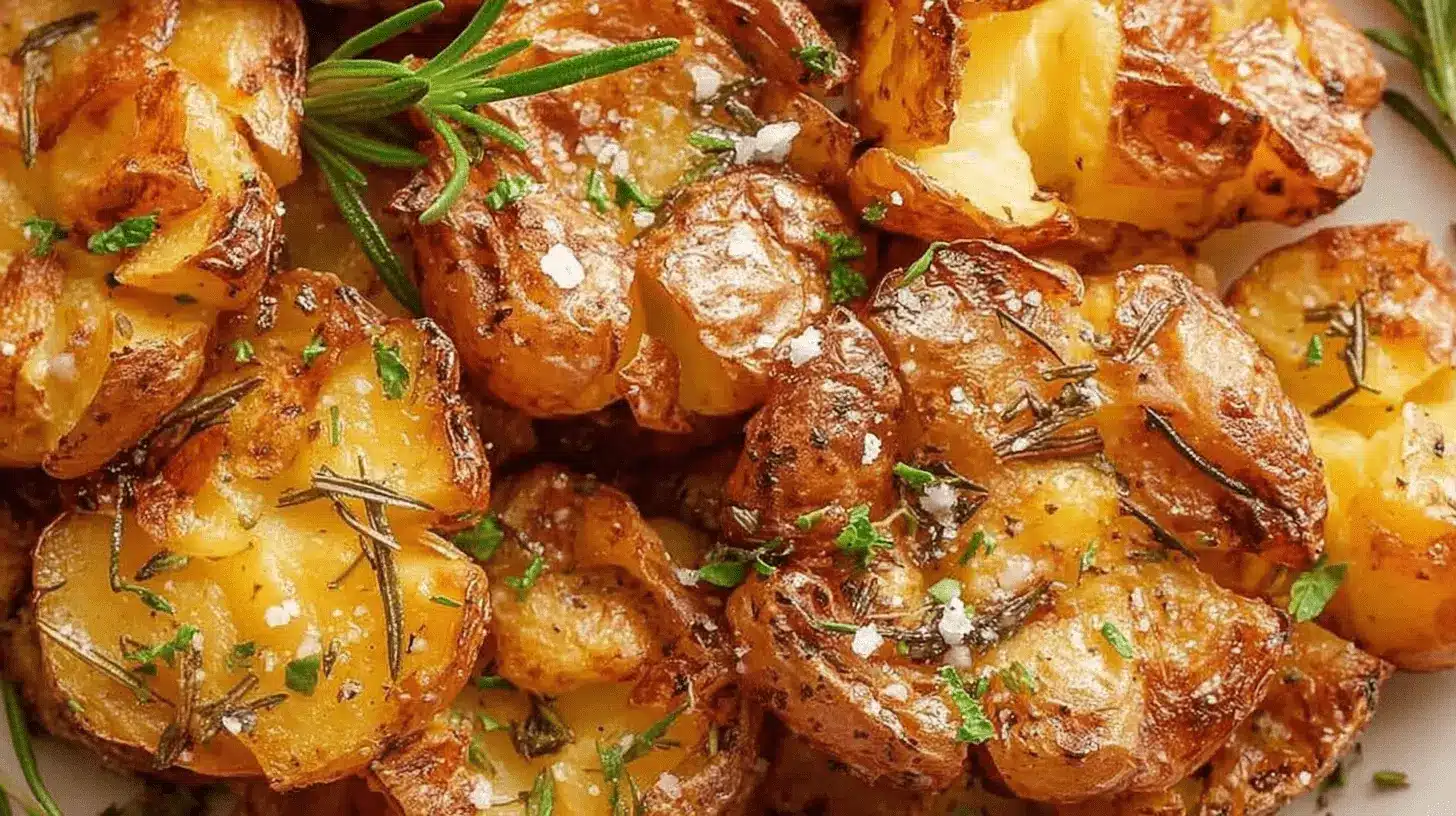 Crispy, golden Air Fryer Smashed Potatoes garnished with fresh rosemary and coarse sea salt, showcasing a perfect texture.