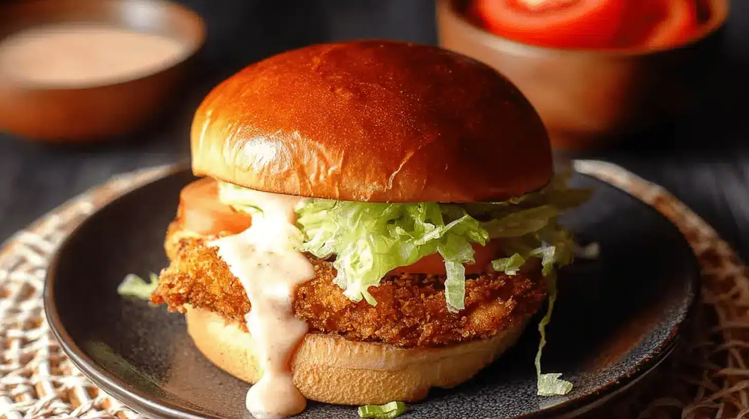 A close-up of a beautifully plated Air Fryer Spicy Chicken Sandwich with a crispy chicken patty, fresh lettuce, tomato, and a creamy spicy sauce on a brioche bun.