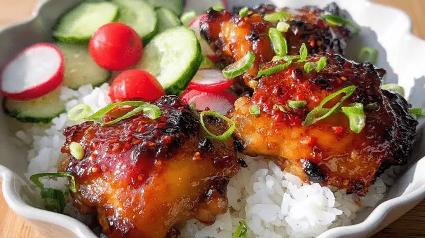 Crispy Air Fryer Sweet Chili Chicken 3 Vibrant air fryer sweet chili chicken and rice bowl with fresh vegetables.
