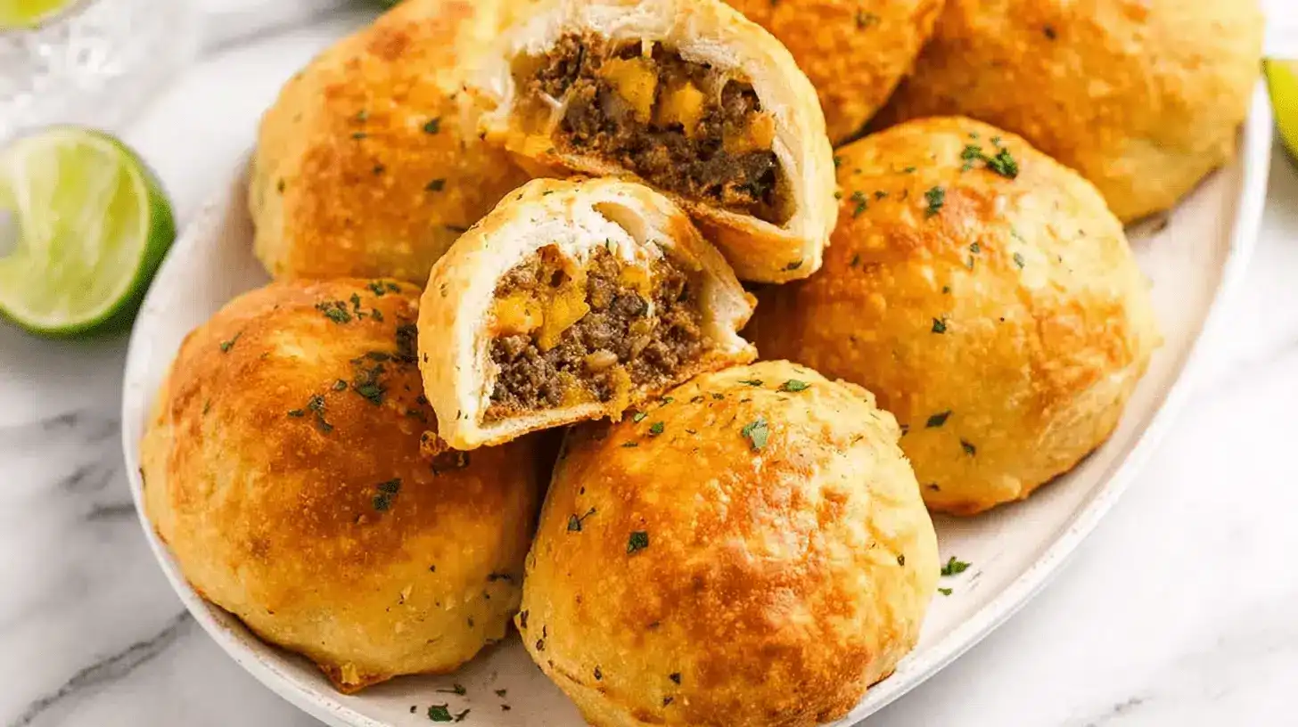 Air Fryer Taco Bombs: Crispy, Cheesy Perfection in Minutes 3 Close-up of golden-brown Air Fryer Taco Bombs piled on a platter, garnished with fresh herbs, with one cut open revealing a savory meat and vegetable filling.