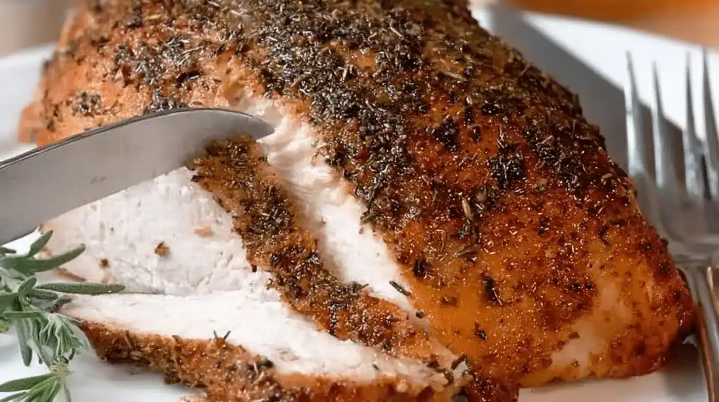 Close-up of perfectly carved air fryer turkey breast with a seasoned golden crust and moist white meat, garnished with fresh rosemary.