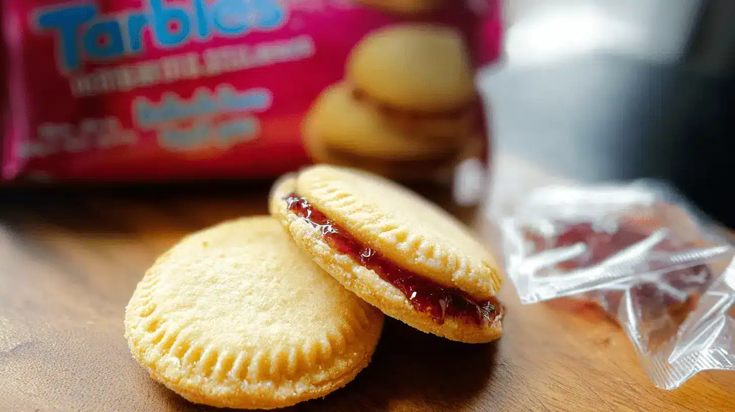 Close-up of golden, jam-filled Air Fryer Uncrustables on a wooden surface, revealing the sweet red jam filling.