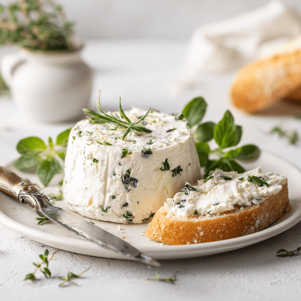 Homemade Boursin Cheese served with herbs and baguette