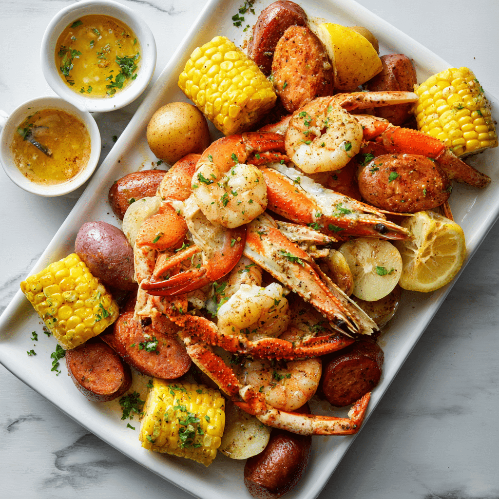 Family-style Cajun seafood boil with shrimp, crab, and sausage in garlic butter