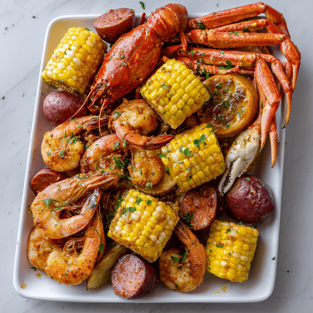 Cajun seafood boil with shrimp, crab, and sausage on white tray